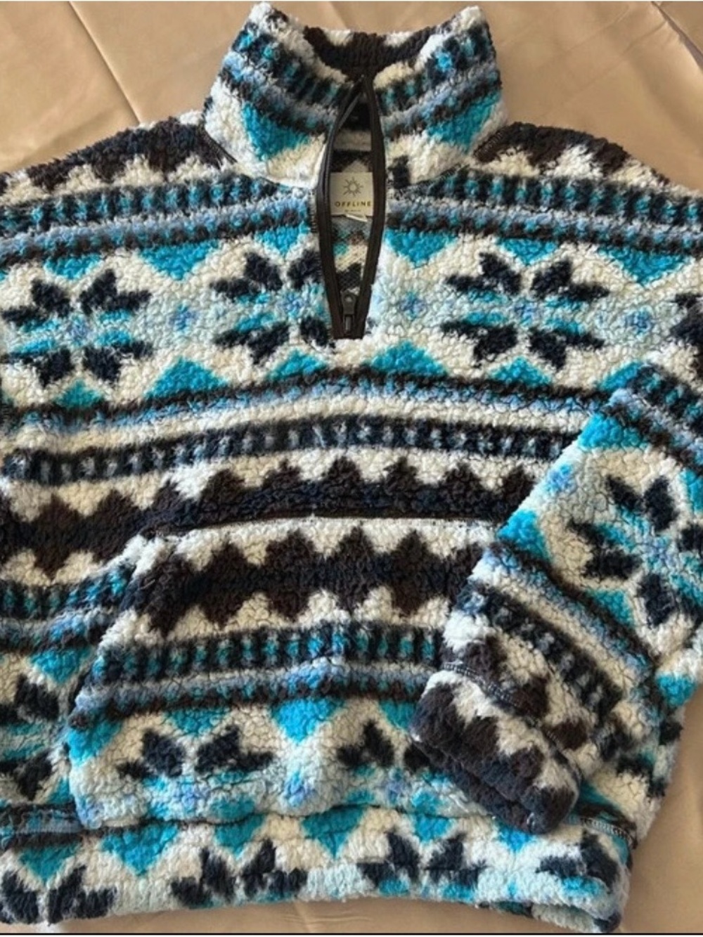 aerie Sherpa Zip-Up Pullover - Teal, Black & White